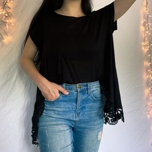 Black Freshman Long Oversized Lace Hem Shirt